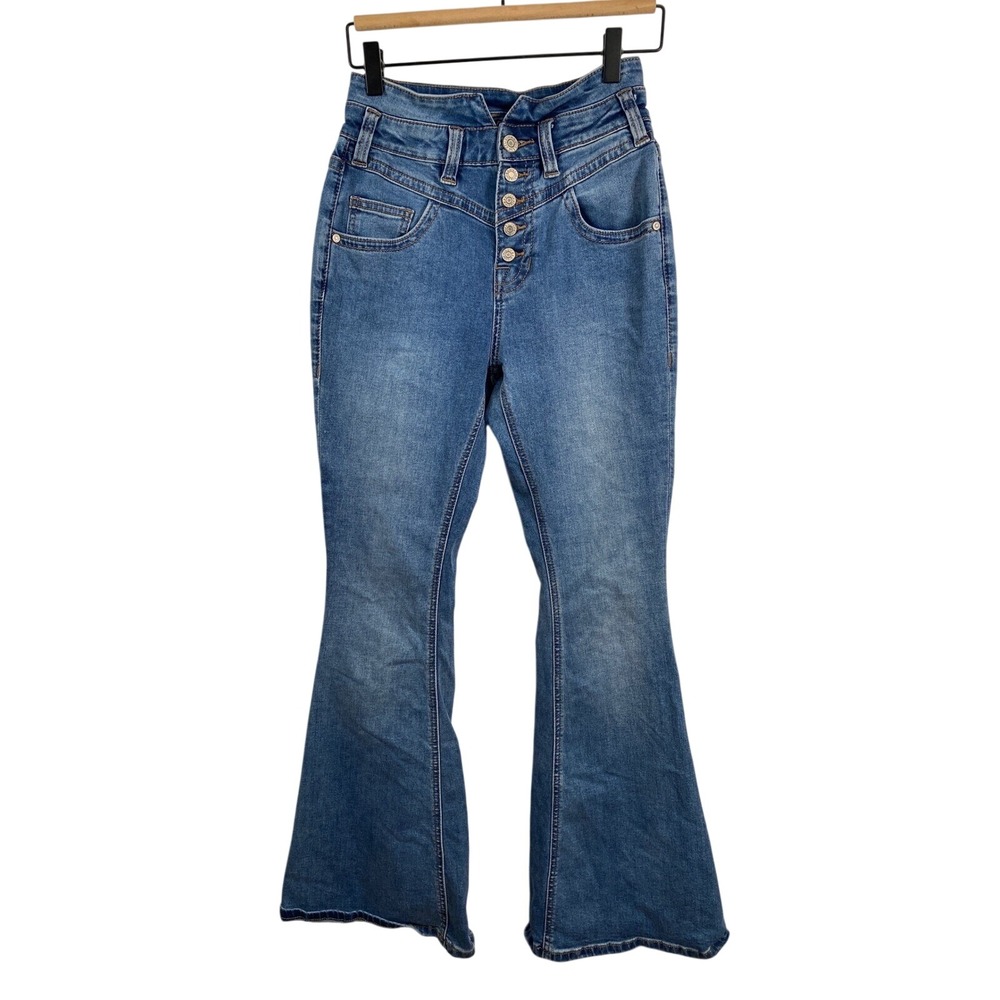 Rock&Roll Womens High Rise Flare Jeans 27 Blue Medium Wash Button Fly Denim